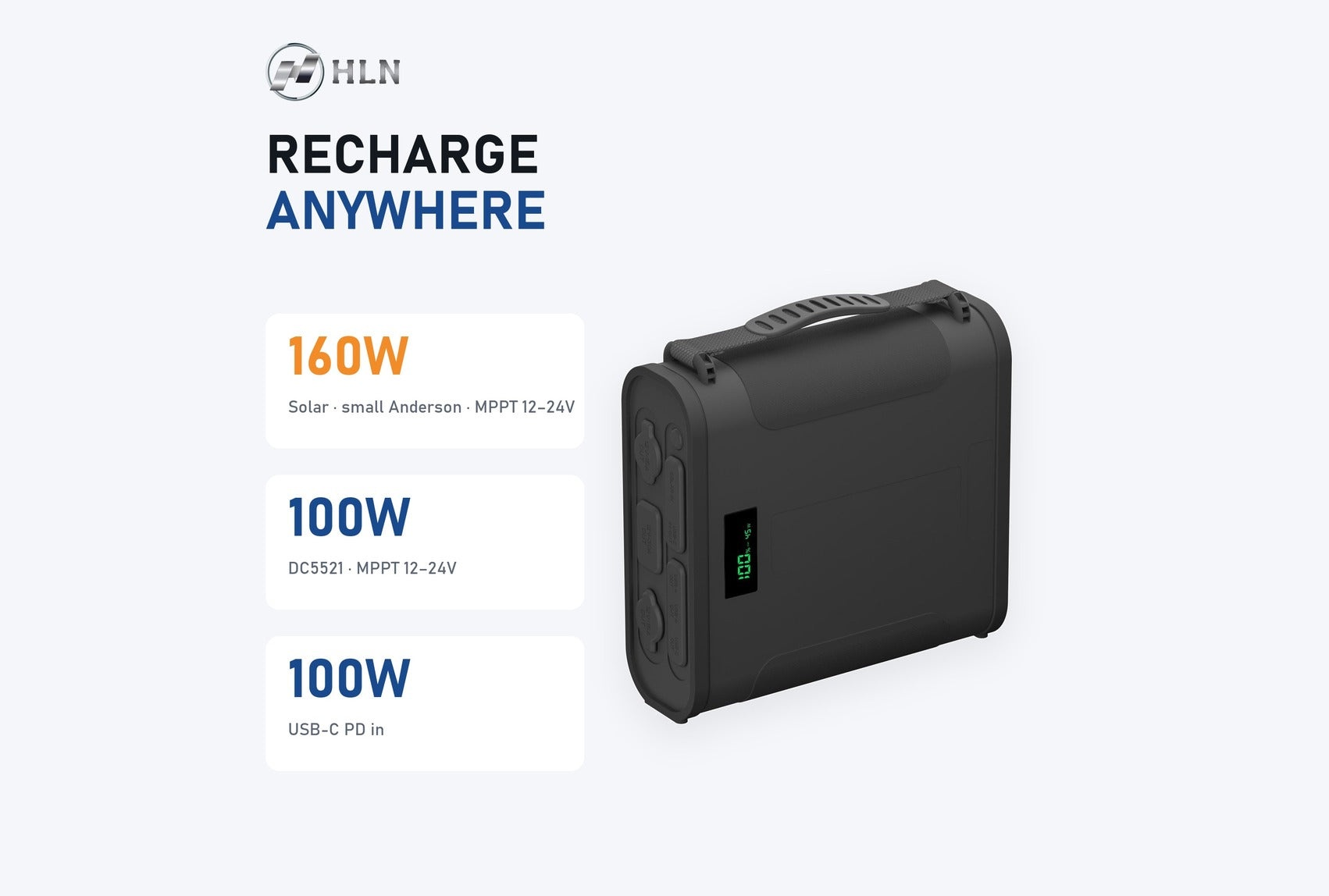 Recharge by solar 160W, DC 100W or USB-C 100W